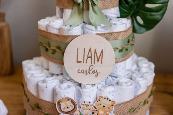 A baby shower cake with the name liam on it.