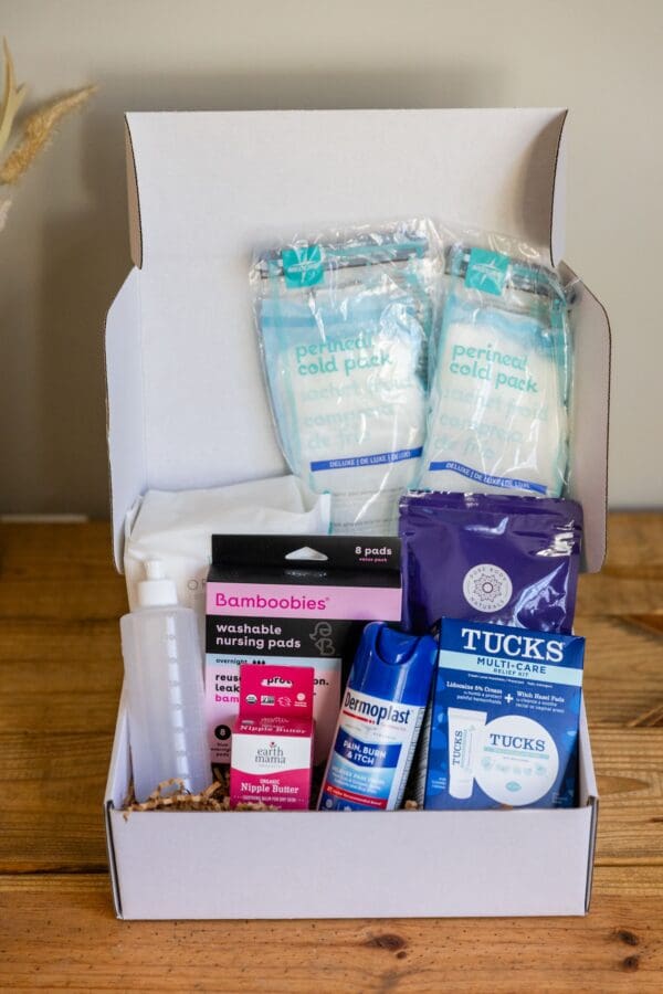 A box of personal care items is shown.