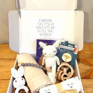 Baby gift box with a blanket, book, and toys.